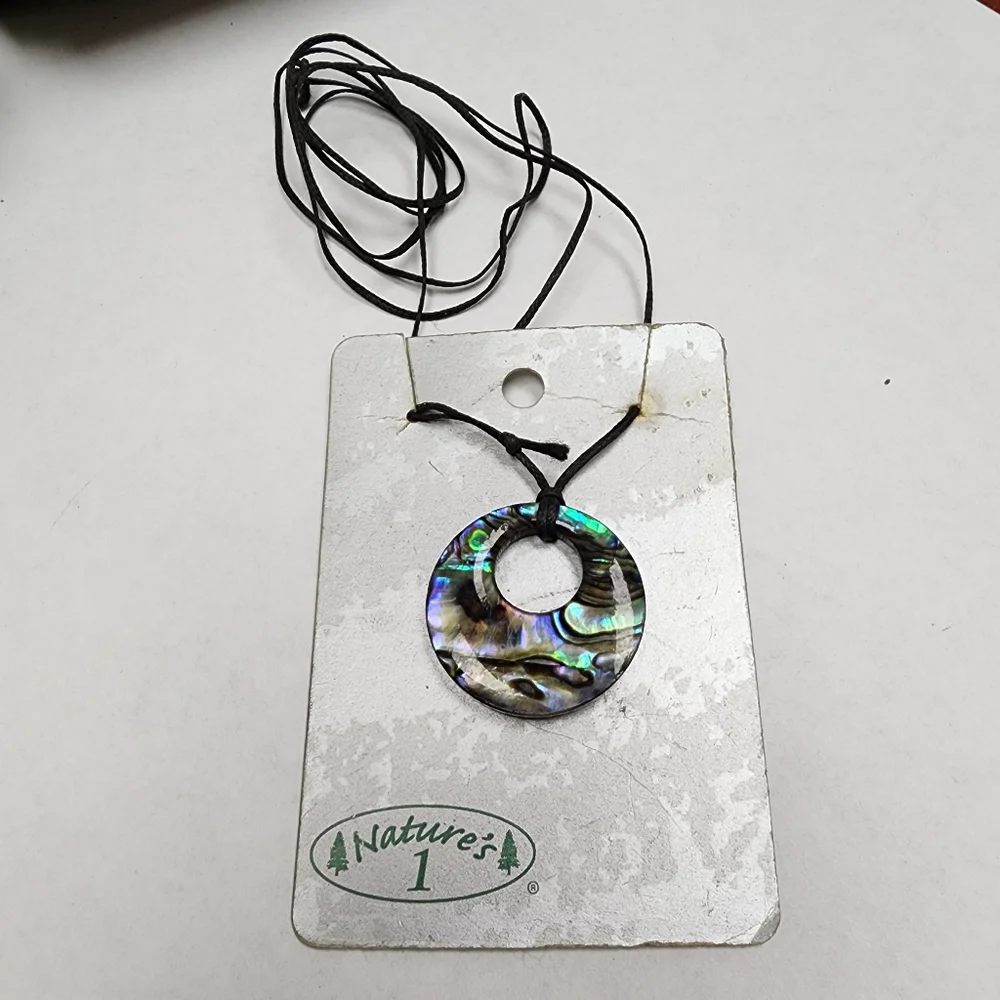 Iridescent Abalone Shell Like Wood Pendant Cord Necklace